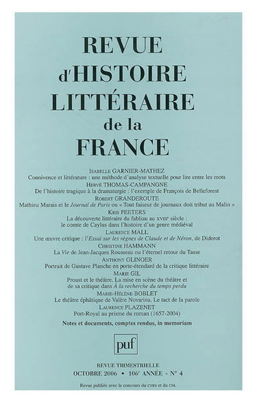 Couverture de Revue d'histoire littéraire de la France, n° 4 (2006) par Collectif