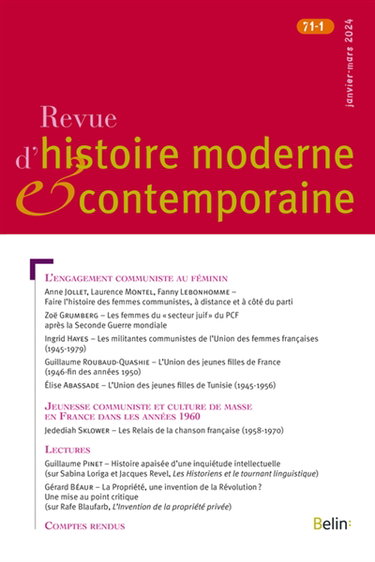 Couverture de Revue d'histoire moderne et contemporaine, n° 71-1. L'engagement communiste au féminin. Jeunesse communiste et culture de masse en France dans les années 1960 par Collectif