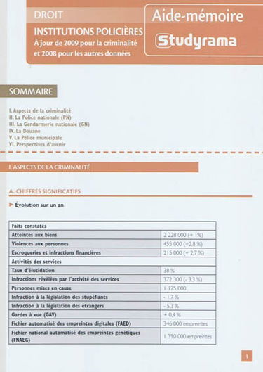 Institutions policières : à jour de 2009 pour la criminalité et 2008 pour les autres données
