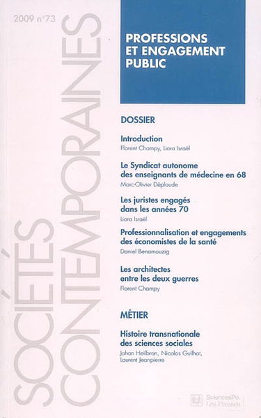 Sociétés contemporaines, n° 73. Professions et engagement public