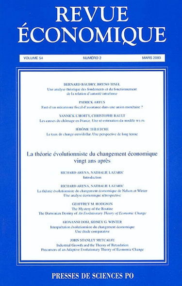 Revue économique, n° 2 (2003). La théorie évolutionniste du changement économique vingt ans après