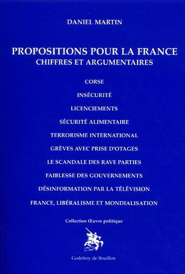 Propositions pour la France : chiffres et argumentaires : Corse, insécurité, licenciements, sécurité alimentaire, terrorisme international, grèves avec prise d'otages, le scandale des raves parties, faiblesse des gouvernements...