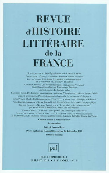 Revue d'histoire littéraire de la France, n° 3 (2011)