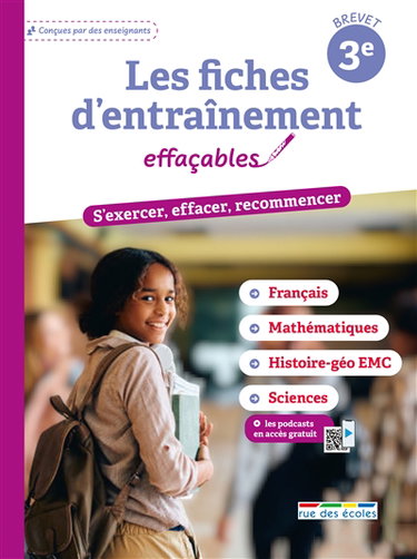 Couverture de Les fiches d'entraînement effaçables, 3e, brevet : s'exercer, effacer, recommencer : français, mathématiques, histoire géo EMC, sciences par Collectif