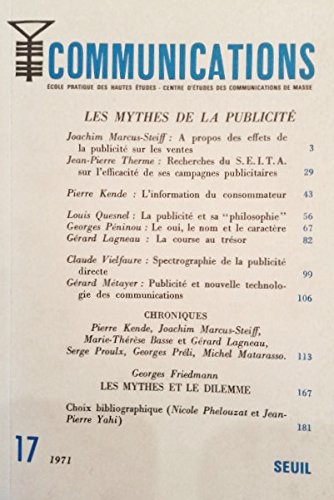 Couverture de COMMUNICATIONS ECOLE PRATIQUE DES HAUTES ETUDES - CENTRE D'ETUDES DES COMMUNICATIONS DE MASSE - LES MYTHES DE LA PUBLICITE - N°17. par Collectif