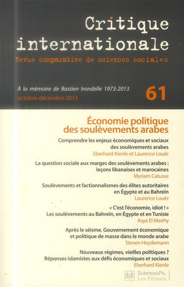 Critique internationale, n° 61. Economie politique des soulèvements arabes