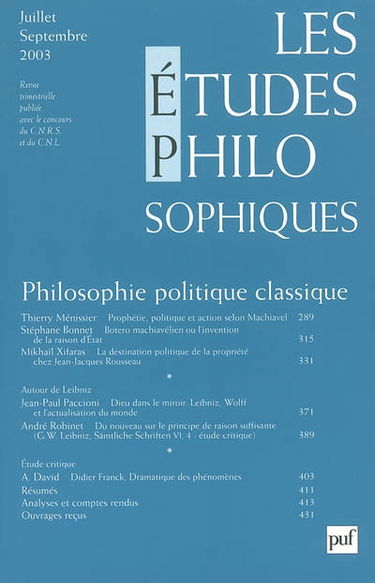 Etudes philosophiques (Les), n° 3 (2003). Philosophie politique classique