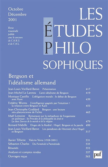 Etudes philosophiques (Les), n° 4 (2001). Bergson et l'idéalisme allemand