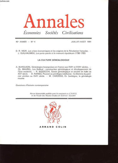 Couverture de Annales, n° 4 (1991). La culture généalogique