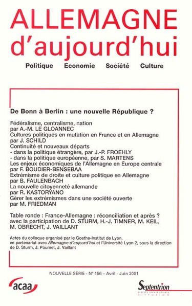 Allemagne d'aujourd'hui, n° 156. De Bonn à Berlin, une nouvelle République ?
