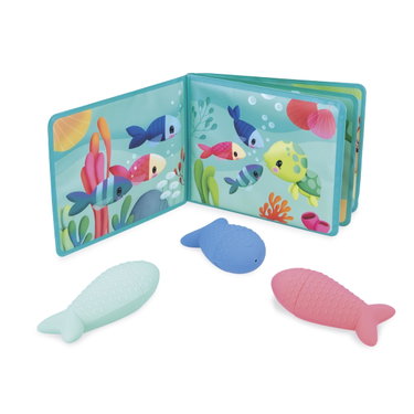 Couverture de Janod - Livre de Bain Interactif avec 3 Jouets Aspergeurs Inclus - 1 Livre + 3 gicleurs - Développe la Motricité Fine - Nettoyage Facile - Dès 10 Mois - J04733