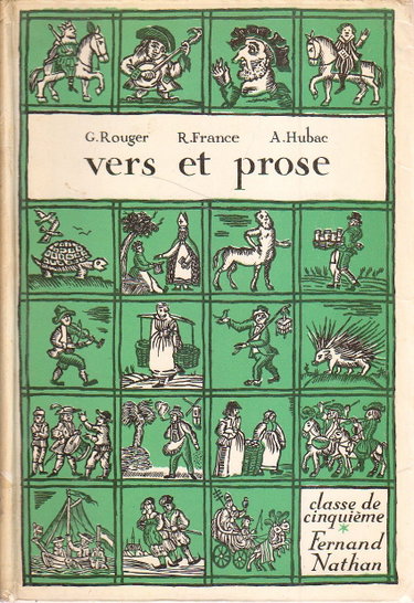 Couverture de Vers et prose. Classe de 5e (cinquième Editions Fernand Nathan. 1958. (Manuel scolaire secondaire, Français)