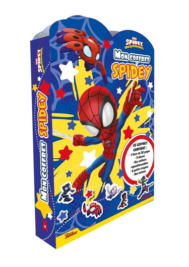 Marvel Spidey et ses amis extraordinaires - Mon coffret Spidey - Ce coffret contient : 1 livre de 32 pages, 3 décors, des stickers repositionnables, 6 petits crayons, des tattoos
