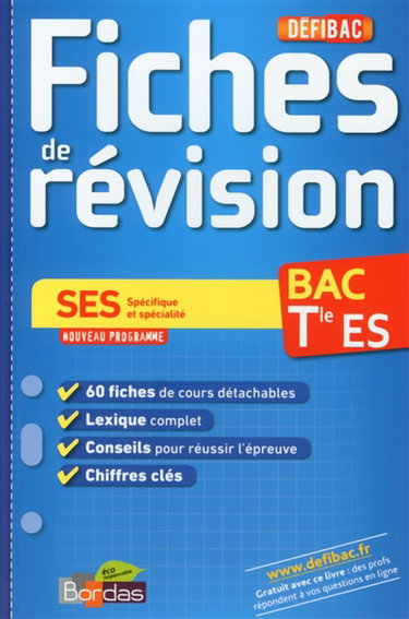Couverture de SES spécifique et spécialité, bac terminale ES : fiches de révision : nouveau programme