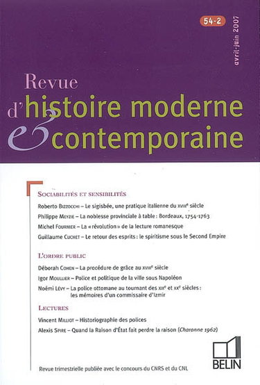 Couverture de Revue d'histoire moderne et contemporaine, n° 54-2. Sociabilités et sensibilités par Philippe Minard