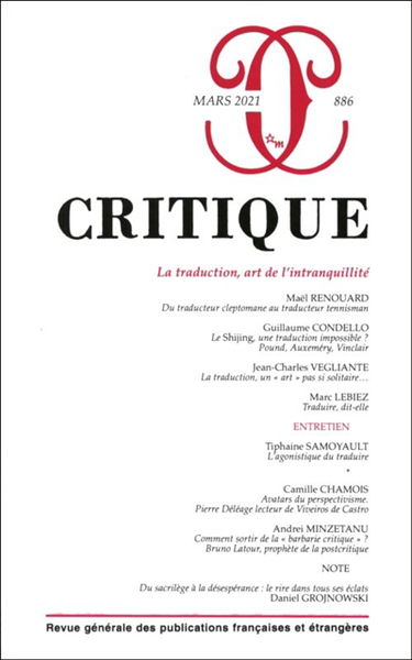 Critique, n° 886. La traduction, art de l'intranquilité