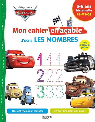 Couverture de Cars : mon cahier effaçable, j'écris les nombres : 3-6 ans, maternelle, PS, MS, GS par Disney.Pixar