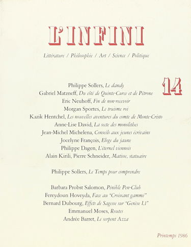 L'Infini, numéro 14, printemps 1986
