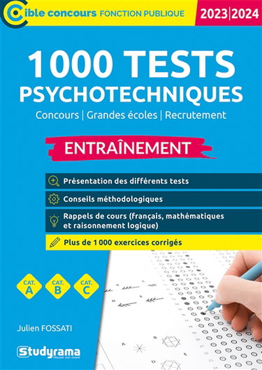 Couverture de 1.000 tests psychotechniques : concours, grandes écoles, recrutement, entraînement, cat. A, cat. B, cat. C : 2023-2024