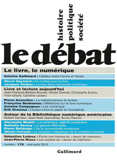 Débat (Le), n° 170. Le livre, le numérique