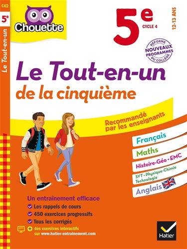 Le tout-en-un de la cinquième, cycle 4, 12-13 ans : français, maths, histoire géo, EMC, SVT, physique chimie, technologie, anglais : nouveaux programmes, réforme du collège