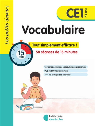 Couverture de Vocabulaire CE1, 7-8 ans : 58 séances de 15 minutes