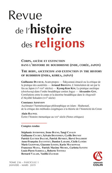 Couverture de Revue de l'histoire des religions, n° 1 (2019). Corps, ascèse et extinction dans l'histoire du bouddhisme (Inde, Corée, Japon). The body, asceticism and extinction in the history of buddhism (India, Korea, Japan)