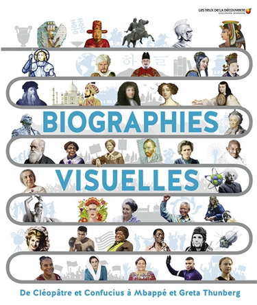 Couverture de Biographies visuelles : de Cléopâtre et Confucius à Mbappé et Greta Thunberg