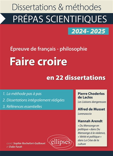 Faire croire en 22 dissertations : Pierre Choderlos de Laclos, Les liaisons dangereuses ; Alfred de Musset, Lorenzaccio ; Hannah Arendt, Du mensonge en politique dans Du mensonge à la violence, Vérité et politique dans La crise de la culture : épreuve de 