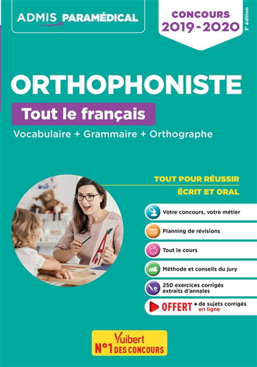 Couverture de Orthophoniste, tout le français : vocabulaire + grammaire + orthographe : concours 2019-2020