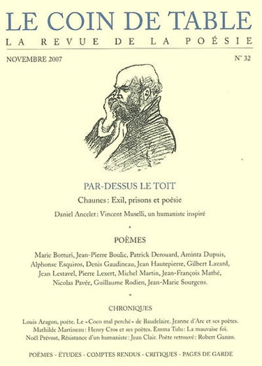Couverture de Coin de table (Le), n° 32. Par-dessus le toit par Chaunes - Daniel Ancelet - Marie Botturi - Jean-Pierre Boulic - Patrick Derouard - Aminta Dupuis - Alphonse Esquiros - Denis Gaudineau - Jean Hautepierre - Gilbert Lazard - Jean Lestavel