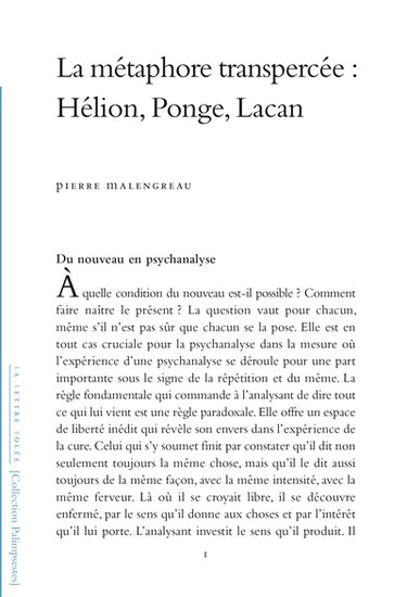 Couverture de La métaphore transpercée : Hélion, Ponge, Lacan