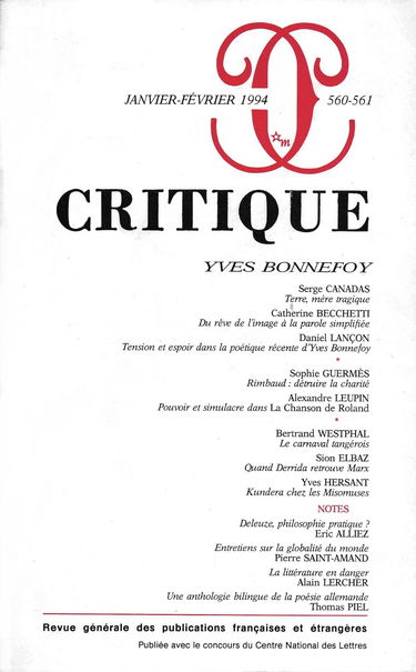 Revue Critique, numéros 560-561. Yves Bonnefoy