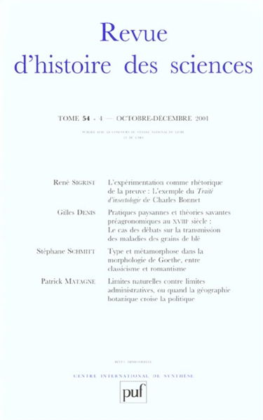 Revue d'histoire des sciences, n° 4 (2001)