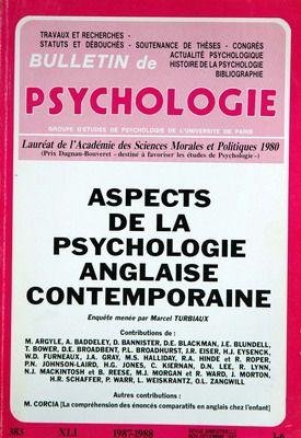 Couverture de BULLETIN DE PSYCHOLOGIE [No 383] du 01/11/1987 - ASPECTS DE LA PSYCHOLOGIE ANGLAISE CONTEMPORAINE - MARCEL TURBIAUX.