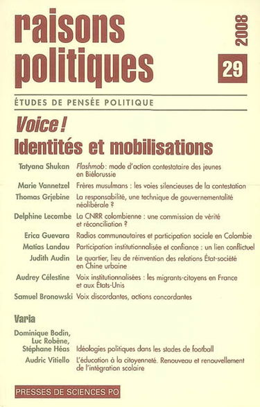 Raisons politiques, n° 29. Voice ! : identités et mobilisations
