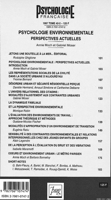 Psychologie française, n° 2 (1997). Psychologie environnementale : perspectives actuelles