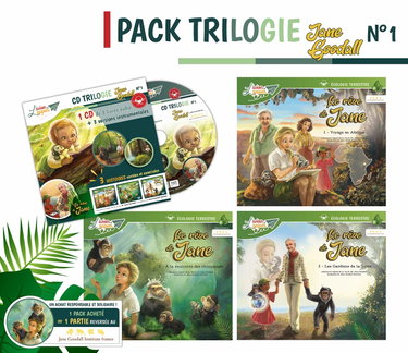 Couverture de Trilogie LE RÊVE DE JANE (inspiré de la vie du DR JANE GOODALL) 3 livres de 28 pages + 1 CD de plus de 70min (les 3 livres audio + les 3 versions instrumentales)