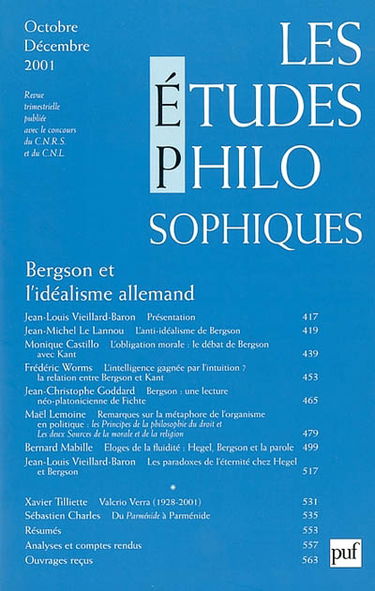 Etudes philosophiques (Les), n° 4 (2001). Bergson et l'idéalisme allemand