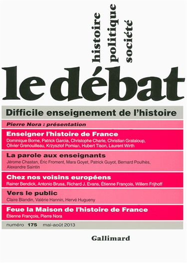 Débat (Le), n° 175. Difficile enseignement de l'histoire