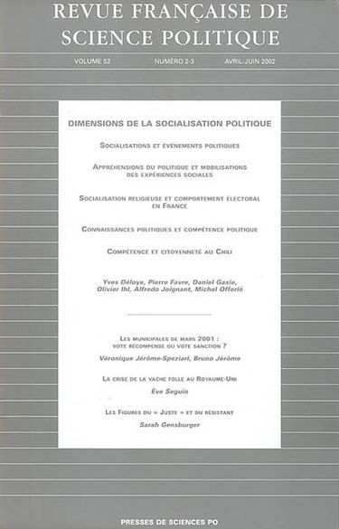 Revue française de science politique, n° 2-3 (2002). Dimensions de la socialisation politique