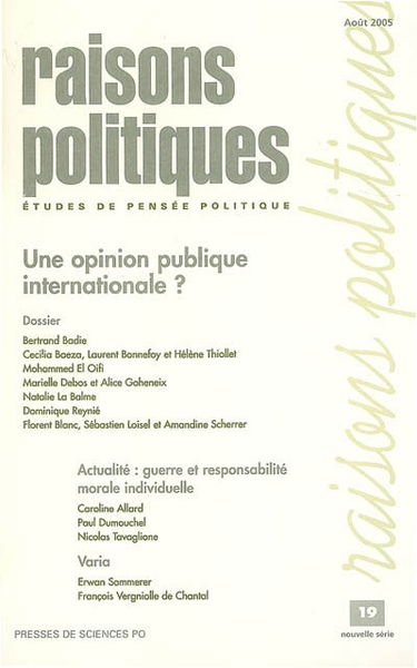 Raisons politiques, n° 19. Une opinion publique internationale ?
