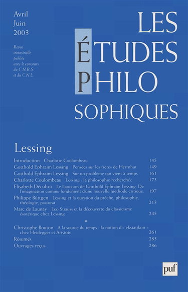 Couverture de Etudes philosophiques (Les), n° 2 (2003). Lessing par Collectif