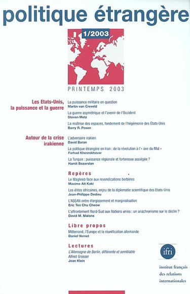 Couverture de Politique étrangère, n° 1 (2003). Les Etats-Unis, la puissance et la guerre