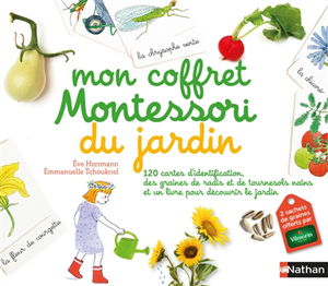 Mon coffret Montessori du jardin : 120 cartes d'identification, des graines bio de basilic et de courgettes et un livre pour découvrir le jardin
