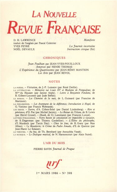 Nouvelle revue française, n° 398