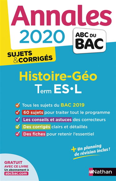 Couverture de Histoire géographie terminales ES, L : annales 2020, sujets & corrigés