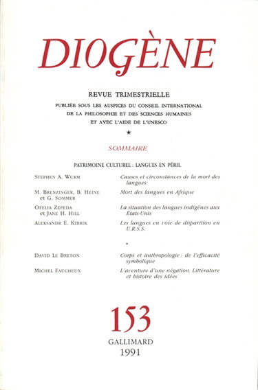 Couverture de Diogène, n° 153. Patrimoine culturel, langue en péril par Collectifs