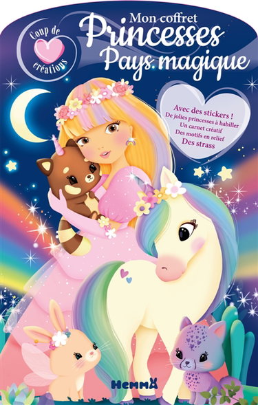Couverture de Coup de coeur créations : Mon coffret Princesses : Pays magique - Avec des stickers ! De jolies princesses à habiller, un carnet créatif, des motifs en relief, des strass par Elen Lescoat