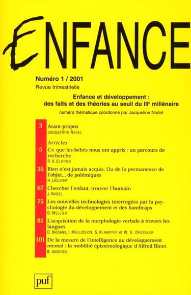 Enfance, n° 1 (2001). Enfance et développement